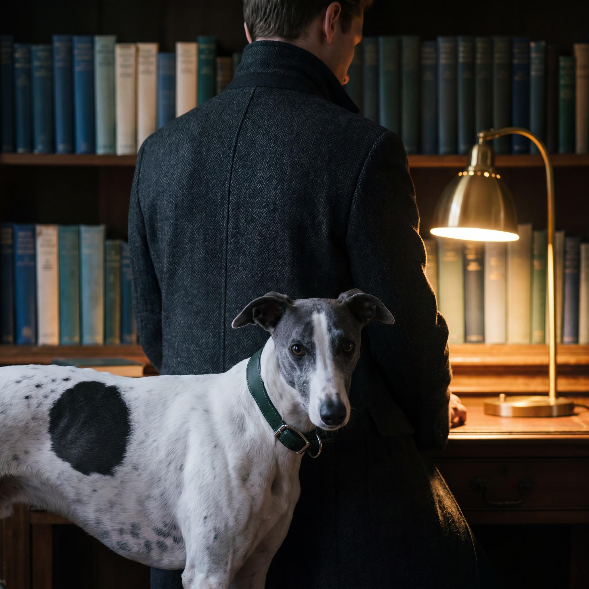 pLim W. Switzzer, seen from behind in his study, beside his whippet Switzzer.