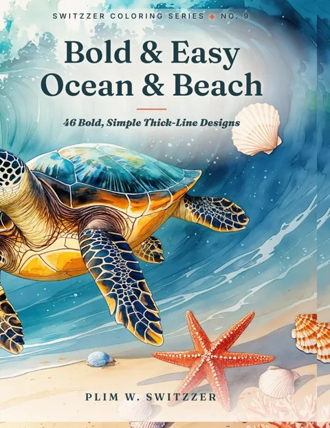 Bold & Easy Ocean & Beach — 46 Thick-Line Seashells, Waves, Turtles & Coastal Life — cover