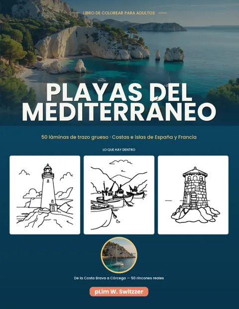 Playas del Mediterráneo — 50 láminas de trazo grueso: costas e islas de España y Francia (Español) — cover
