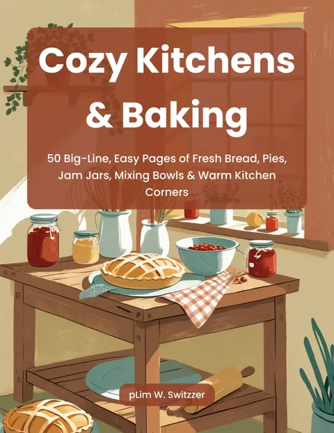 Cozy Kitchens & Baking: 50 Big-Line, Easy Pages of Fresh Bread, Pies, Jam Jars, Mixing Bowls & Warm Kitchen Corners — cover