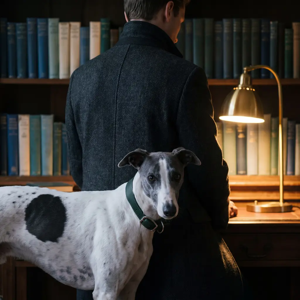 pLim W. Switzzer, de espaldas en su estudio, junto a su whippet Switzzer.